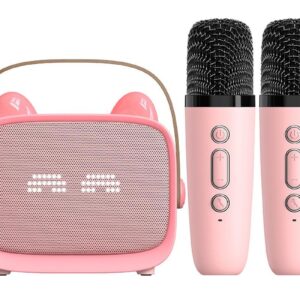Mini Karaoke Machine Toys Gifts Portable MP3 Player with 2 Wireless Microphone - Pink