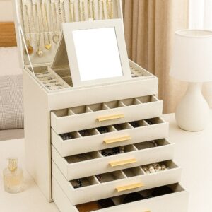 CARLA HOME  6-Layer Large Jewelry Organizer Box for Women with Mirror, Drawers, Hooks & Dividers for Rings, Necklaces, Bracelets, Ideal Gift for Women (White)
